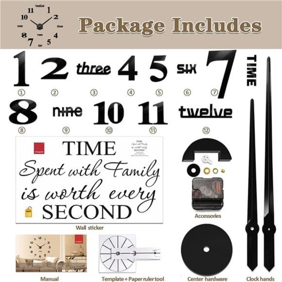 Large DIY Wall Clock Modern 3D Wall Clock with Mirror Numbers Stickers - Picture 6 of 6